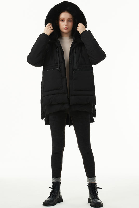 Black Plush Linen Zip Up Hooded Puffer Coat