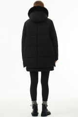 Black Plush Linen Zip Up Hooded Puffer Coat