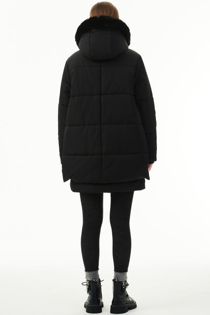 Black Plush Linen Zip Up Hooded Puffer Coat