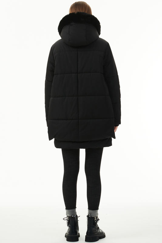 Black Plush Linen Zip Up Hooded Puffer Coat