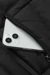 Black Plush Linen Zip Up Hooded Puffer Coat