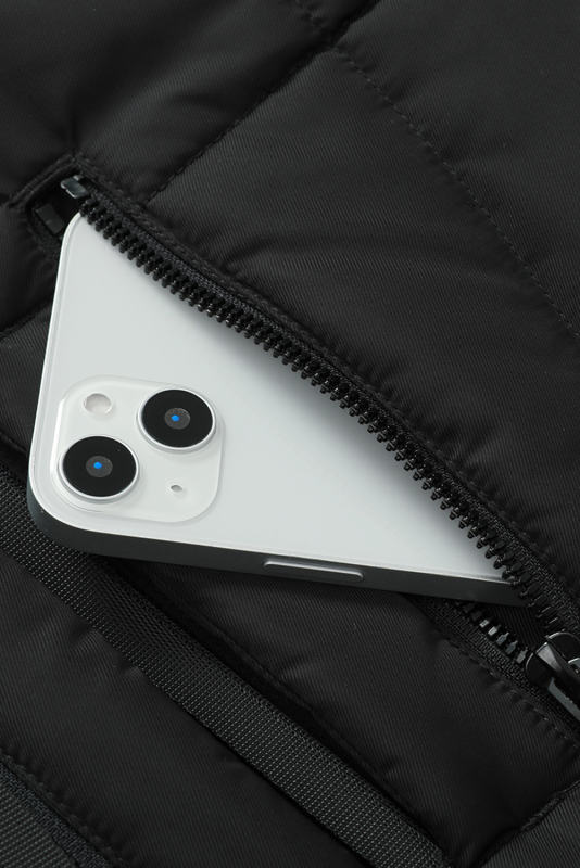 Black Plush Linen Zip Up Hooded Puffer Coat