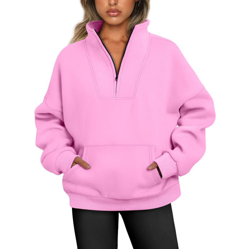 Pink Zip-up Stand Collar Pocket Fleece Sweatshirt