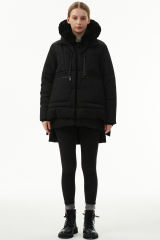 Black Plush Linen Zip Up Hooded Puffer Coat