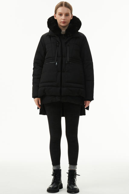 Black Plush Linen Zip Up Hooded Puffer Coat