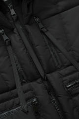 Black Plush Linen Zip Up Hooded Puffer Coat