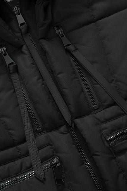 Black Plush Linen Zip Up Hooded Puffer Coat