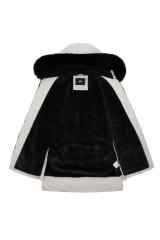 Black Plush Linen Zip Up Hooded Puffer Coat