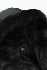 Black Plush Linen Zip Up Hooded Puffer Coat