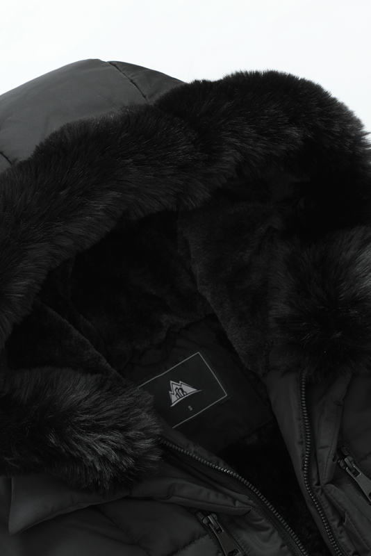 Black Plush Linen Zip Up Hooded Puffer Coat