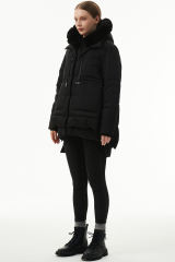 Black Plush Linen Zip Up Hooded Puffer Coat