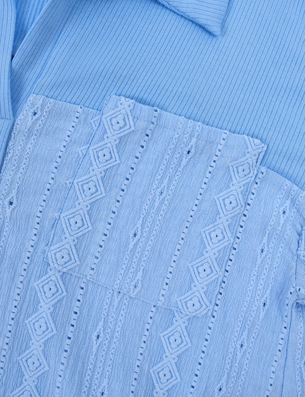 Blue Knit Solid Color Lapel Long Sleeve Top