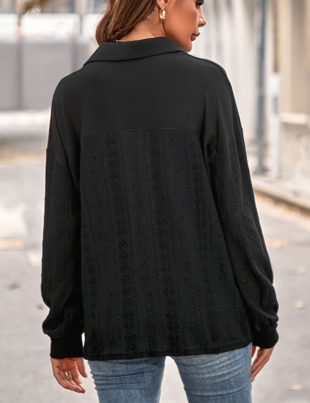 Black Knit Solid Color Lapel Long Sleeve Top
