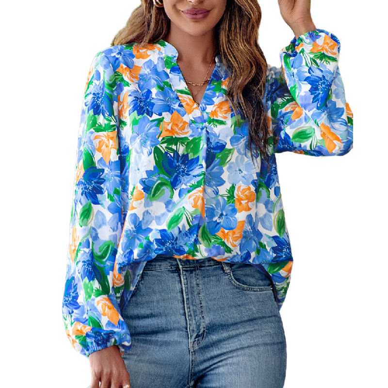 Multicolor V Neck Floral Print Puff Sleeve Blouse TQX210357-5