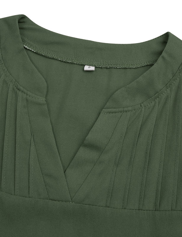 Green Soild Color V Neckline Long Sleeve Tops