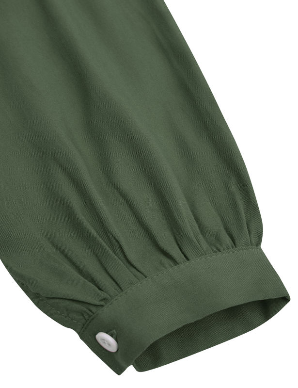 Green Soild Color V Neckline Long Sleeve Tops