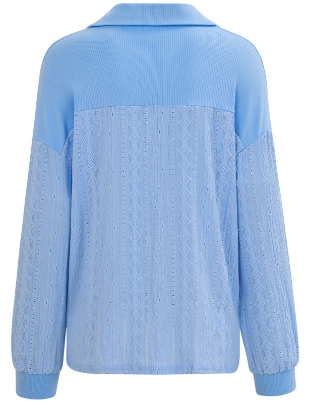 Blue Knit Solid Color Lapel Long Sleeve Top