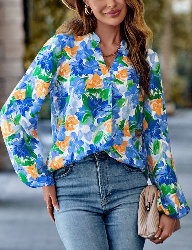 Multicolor V Neck Floral Print Puff Sleeve Blouse TQX210357-5