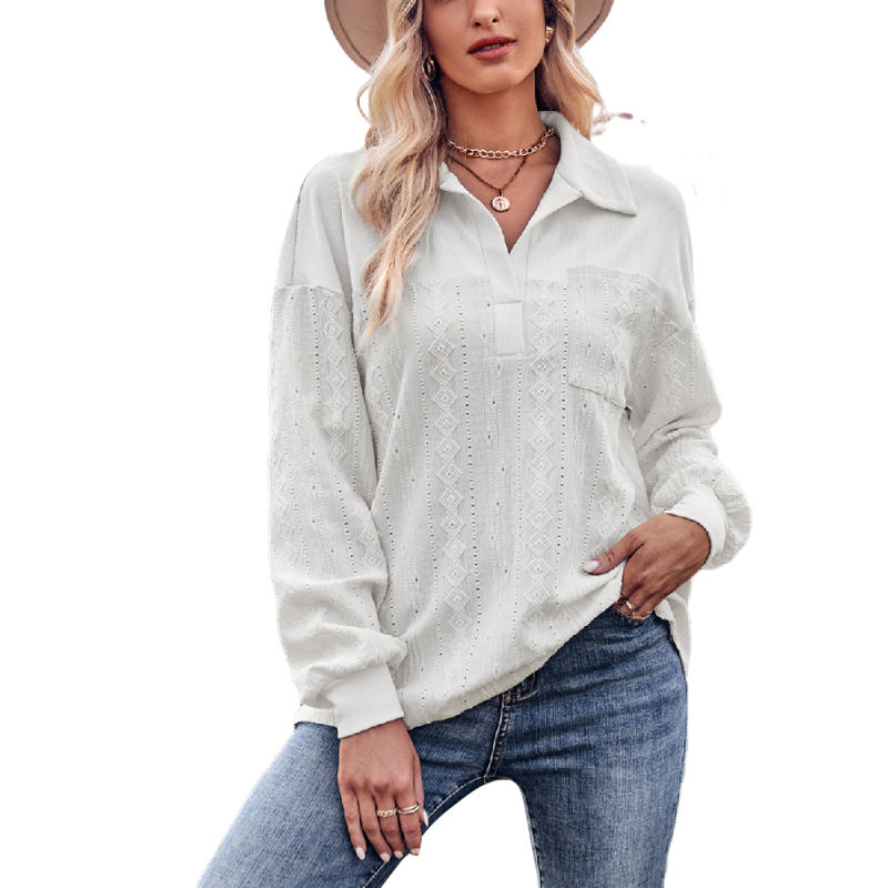White Knit Solid Color Lapel Long Sleeve Top