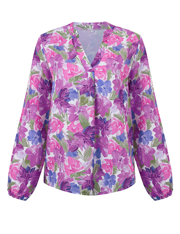 Multicolor V Neck Floral Print Puff Sleeve Blouse TQX210357-8