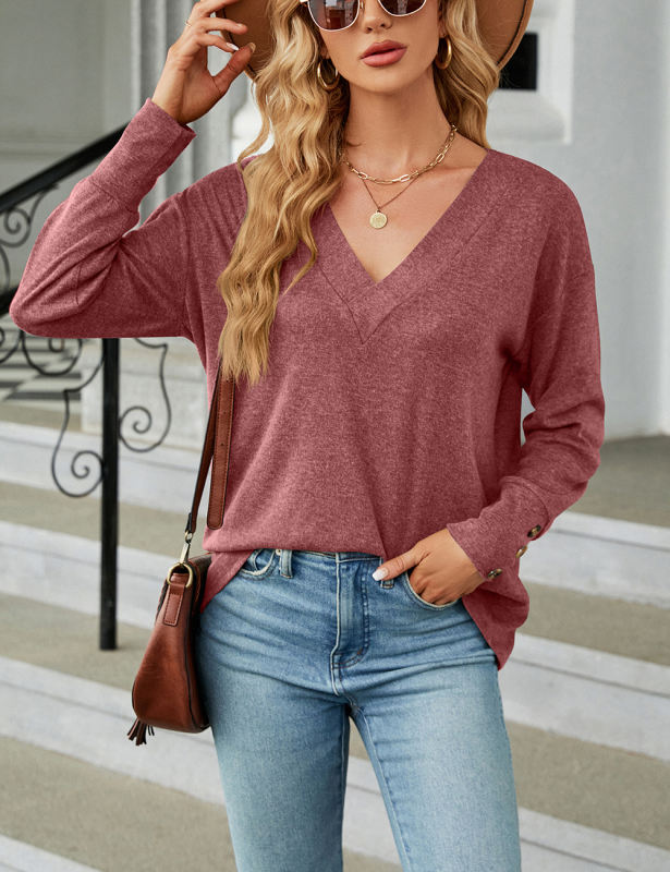 Purplish Red V Neck Loose Button  Long Sleeve Top