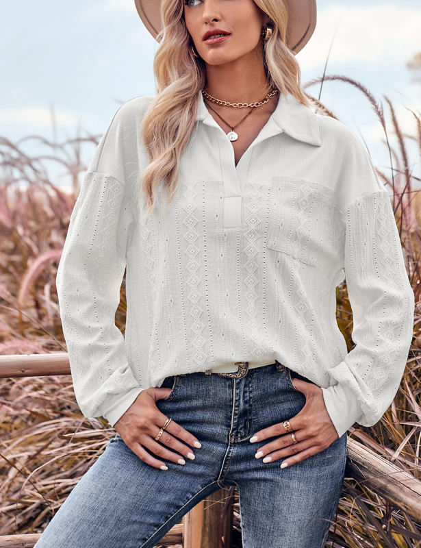 White Knit Solid Color Lapel Long Sleeve Top