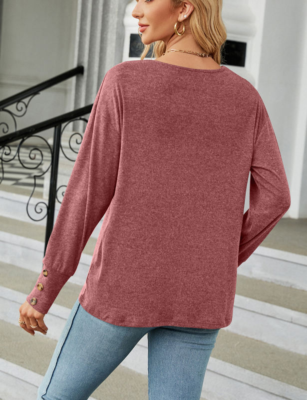 Purplish Red V Neck Loose Button  Long Sleeve Top