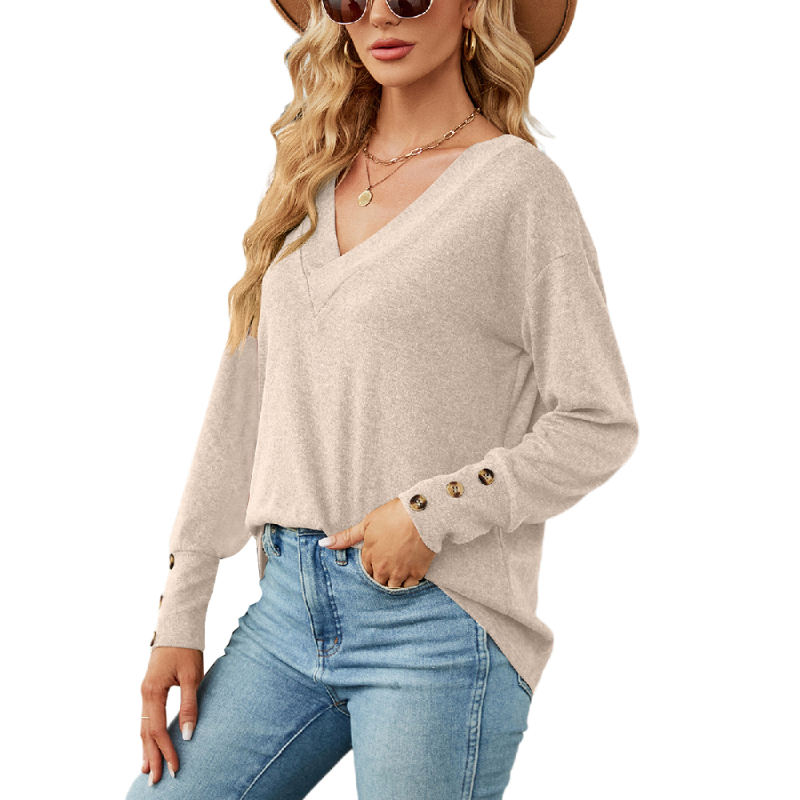 Apricot V Neck Loose Button  Long Sleeve Top