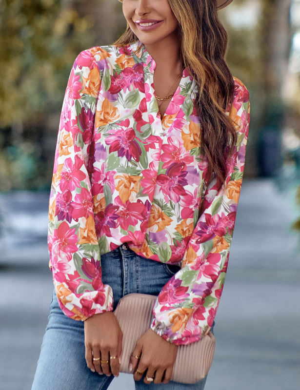 Multicolor V Neck Floral Print Puff Sleeve Blouse