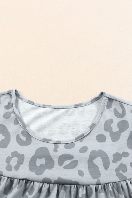 Gray Leopard Print Flutter Sleeve Tiered Tank Top