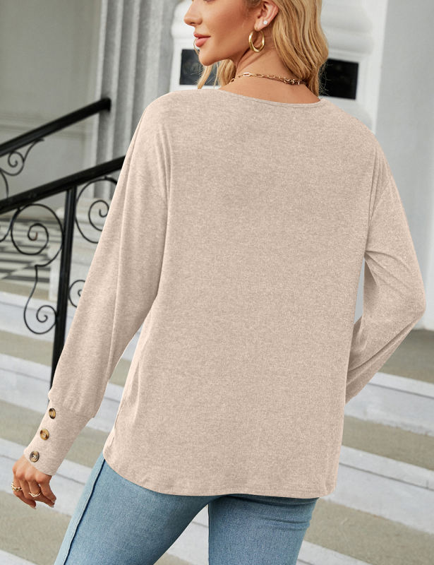 Apricot V Neck Loose Button  Long Sleeve Top
