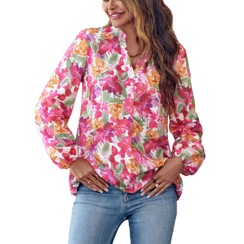 Multicolor V Neck Floral Print Puff Sleeve Blouse
