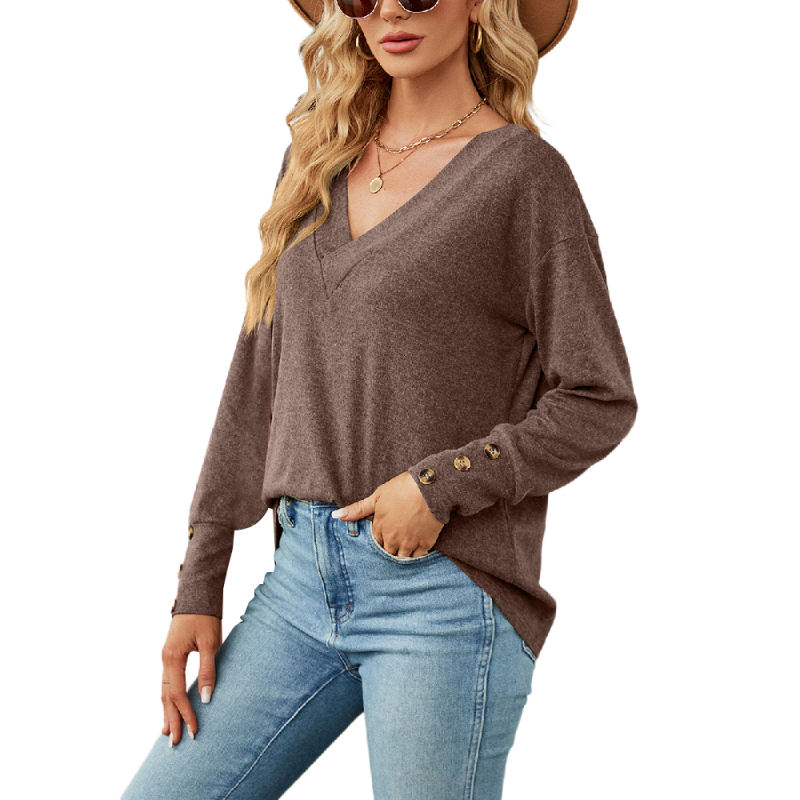 Coffee V Neck Loose Button  Long Sleeve Top