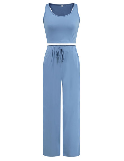 Blue 3pcs Cardigan, Vest and Wide Leg Pant Lounge Set