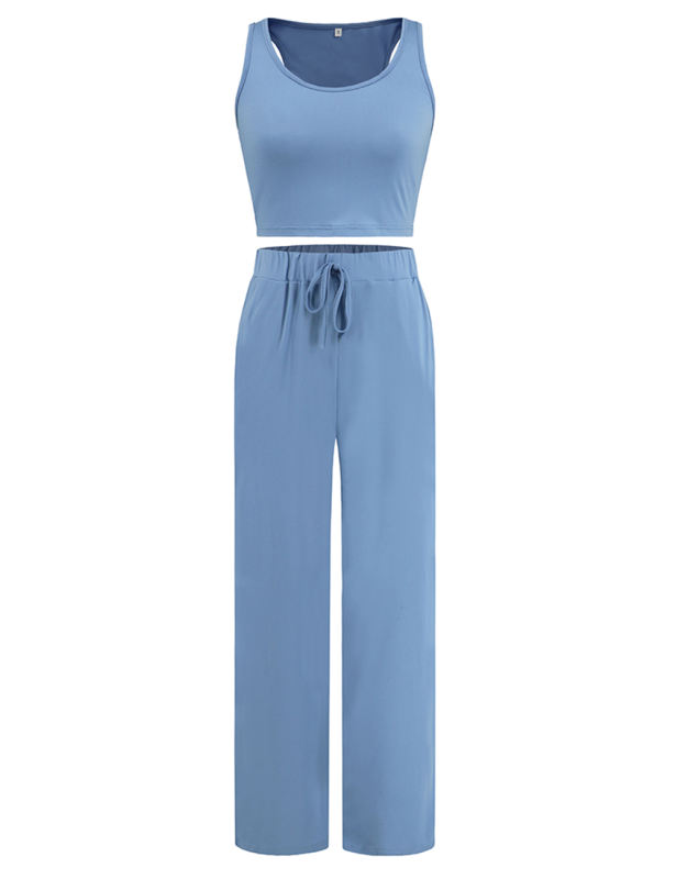 Blue 3pcs Cardigan, Vest and Wide Leg Pant Lounge Set