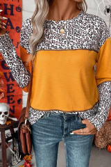 Vitality Orange Leopard Print Waffle Knit Patchwork Top