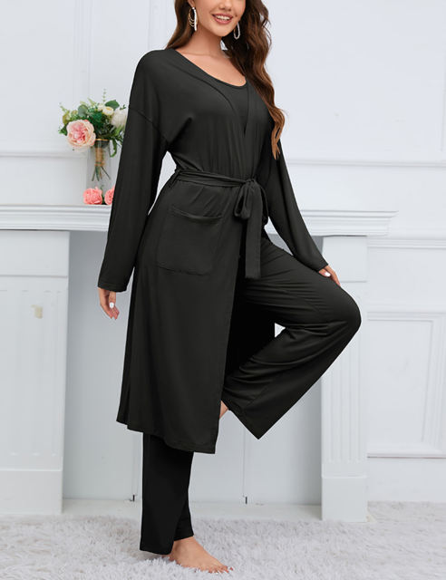Black 3pcs Cardigan, Vest and Wide Leg Pant Lounge Set