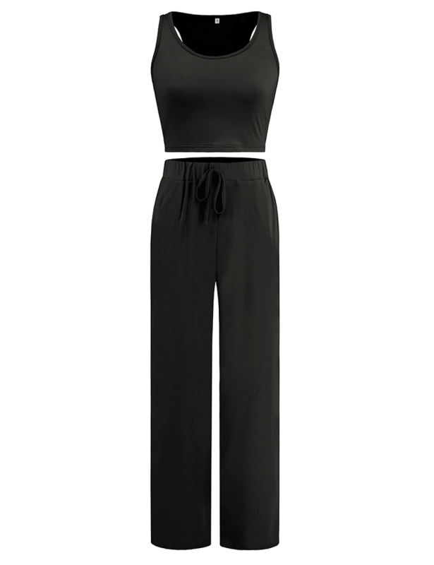 Black 3pcs Cardigan, Vest and Wide Leg Pant Lounge Set