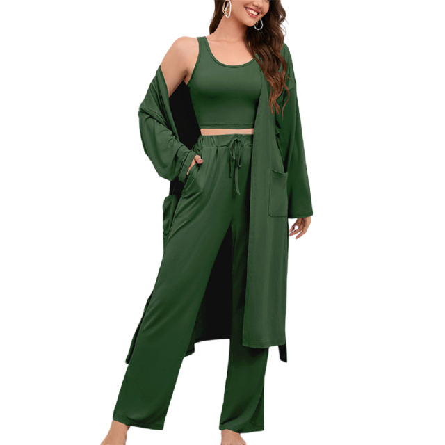 Green 3pcs Cardigan, Vest and Wide Leg Pant Lounge Set