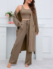 Khaki 3pcs Cardigan, Vest and Wide Leg Pant Lounge Set