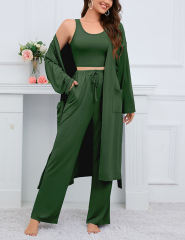 Green 3pcs Cardigan, Vest and Wide Leg Pant Lounge Set