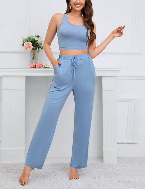 Blue 3pcs Cardigan, Vest and Wide Leg Pant Lounge Set