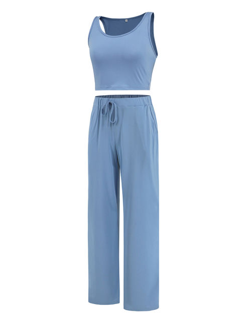 Blue 3pcs Cardigan, Vest and Wide Leg Pant Lounge Set