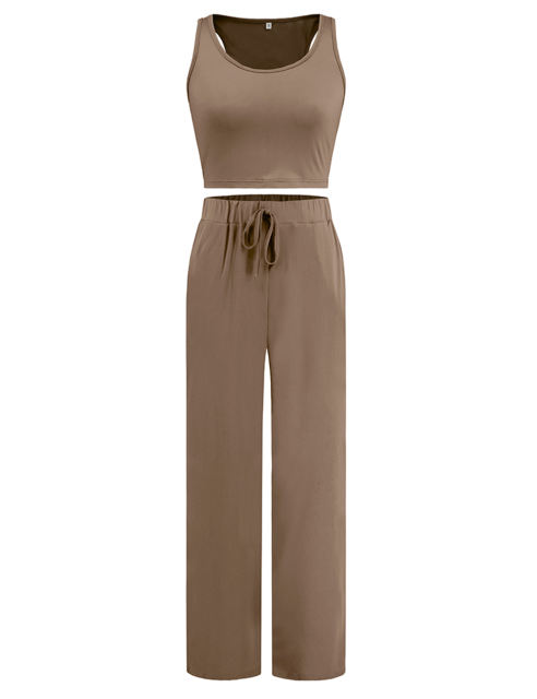 Khaki 3pcs Cardigan, Vest and Wide Leg Pant Lounge Set