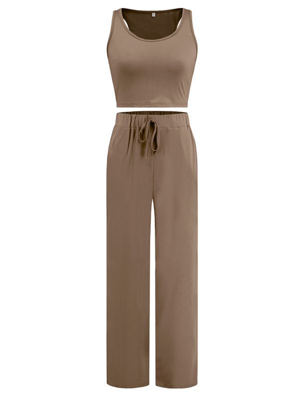 Khaki 3pcs Cardigan, Vest and Wide Leg Pant Lounge Set