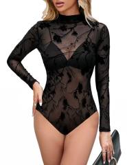 Black Sheer Mesh Floral Bud Velvet Long Sleeve Bodysuit TQX950035-2