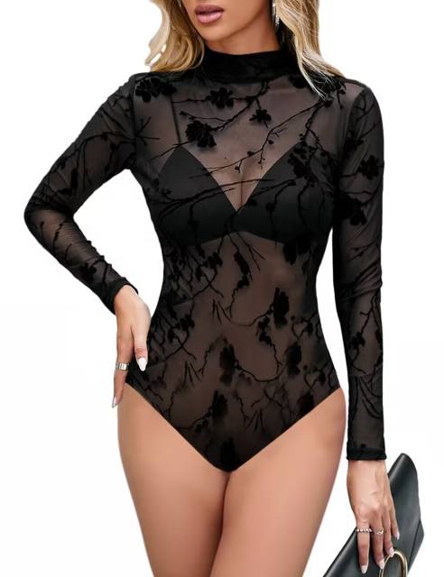 Black Sheer Mesh Floral Bud Velvet Long Sleeve Bodysuit TQX950035-2
