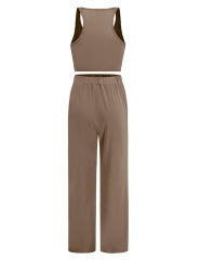 Khaki 3pcs Cardigan, Vest and Wide Leg Pant Lounge Set