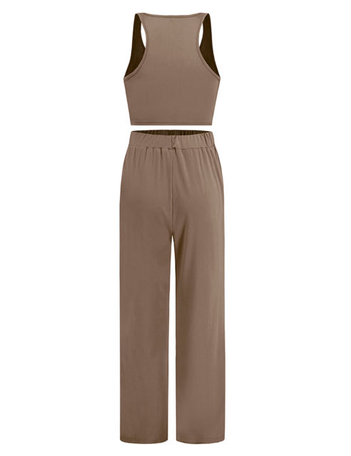 Khaki 3pcs Cardigan, Vest and Wide Leg Pant Lounge Set