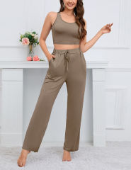 Khaki 3pcs Cardigan, Vest and Wide Leg Pant Lounge Set